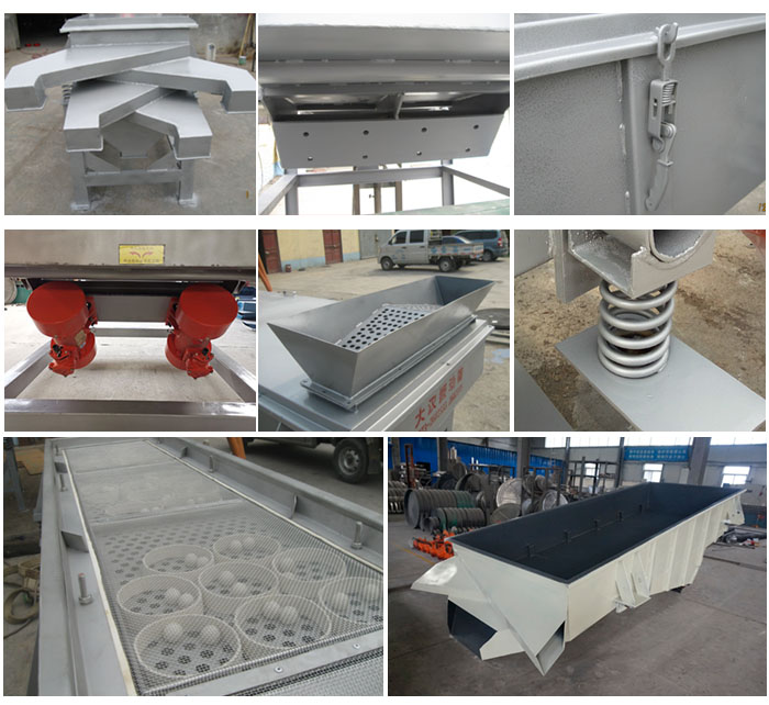 多層直線振動篩由進料口,底座,振動電機,篩網(wǎng),篩框,彈簧,出料口等組成。
