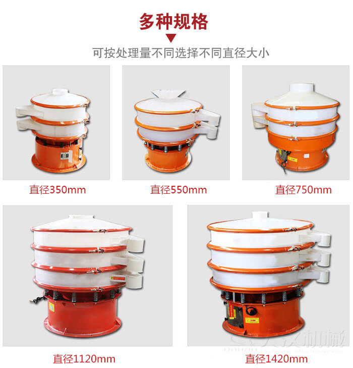 塑料振動篩不同篩分直徑進行展示：350，550，750，1120，1420等。