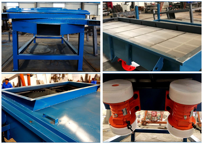 方形振動篩出料口，篩網(wǎng)和網(wǎng)架，進料口，振動電機等細節(jié)展示。