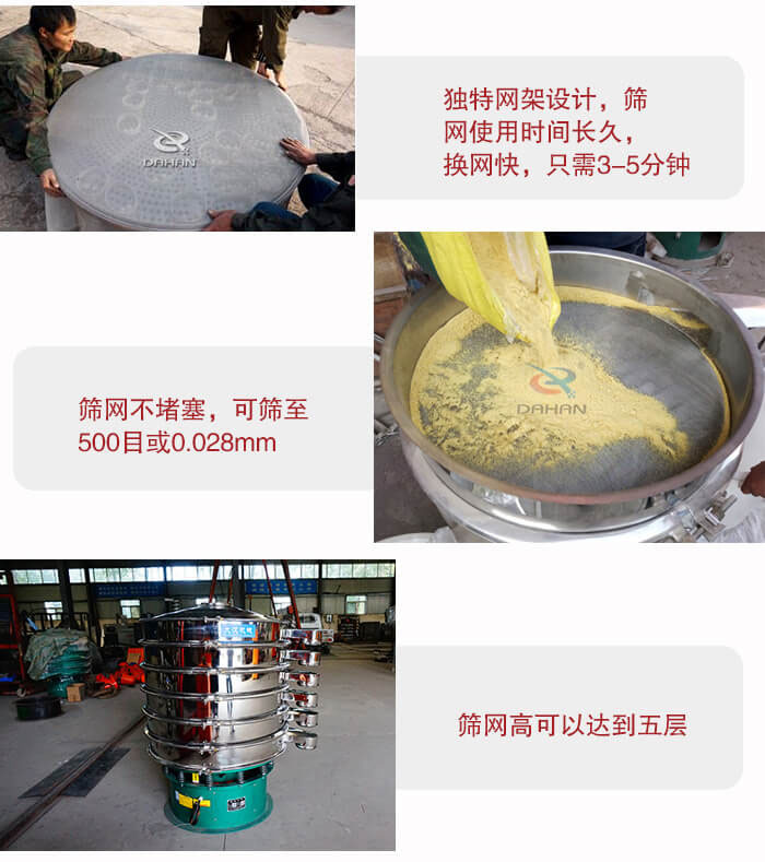 三次元振動篩的特點：篩網(wǎng)使用時間長換讓時間短，篩網(wǎng)不堵塞，可篩至500目或0.028mm。