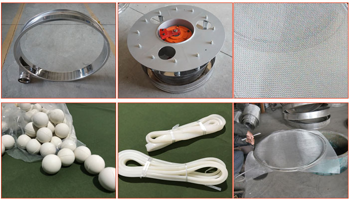 800型全不銹鋼振動(dòng)篩配件有：振動(dòng)篩篩框，電機(jī)，不銹鋼篩網(wǎng)等。