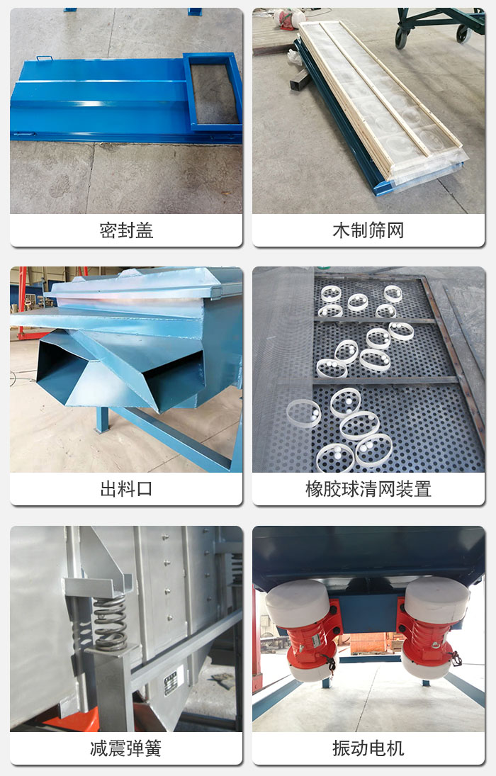 直線篩結(jié)構(gòu)展示：篩網(wǎng)，篩箱，振動(dòng)電機(jī)，振動(dòng)電機(jī)座，減震彈簧，支架等部件展示圖