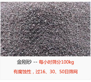 篩分金剛砂每小時(shí)100kg，有腐蝕性，過16、30、50目篩網(wǎng)