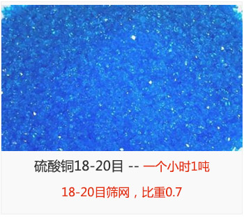 篩分18-20目的硫酸銅 產(chǎn)量一個(gè)小時(shí)1噸，采用18-20目篩網(wǎng)，比重0.7