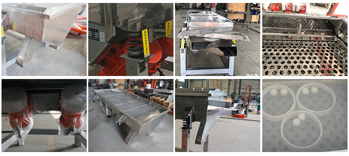 不銹鋼直線篩不同定制出料口，電機(jī)，篩網(wǎng)，篩箱，彈跳球等部件細(xì)節(jié)展示