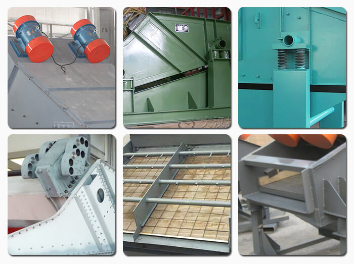 礦用振動篩主要由激振器、篩體、篩網(wǎng)、減振裝置及座架等組成。篩箱由篩框、篩板、襯板等組成