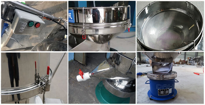 過濾篩細(xì)節(jié)展示：控制開關(guān)，篩框，出料口閥門，底座等